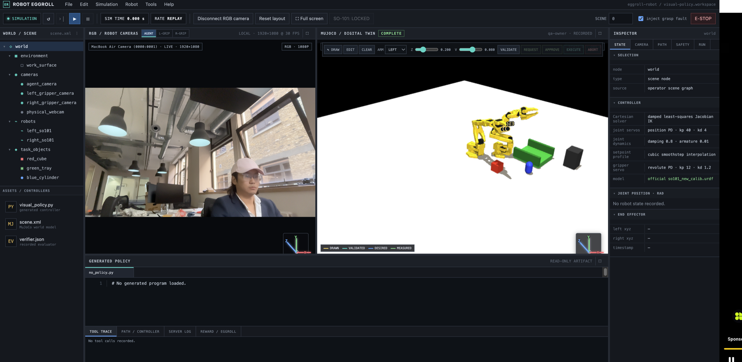 Robot EGGROLL research interface showing a live RGB camera beside a MuJoCo digital twin, scene graph, direct-control toolbar, generated policy, and state inspector.
